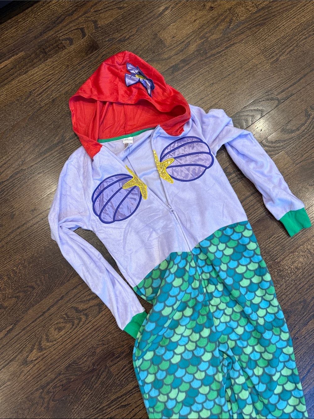 Woman’s xs Disney ' Mermaid One-Piece Hoodie Pajamas - Teal & Purple - Picture 3 of 4